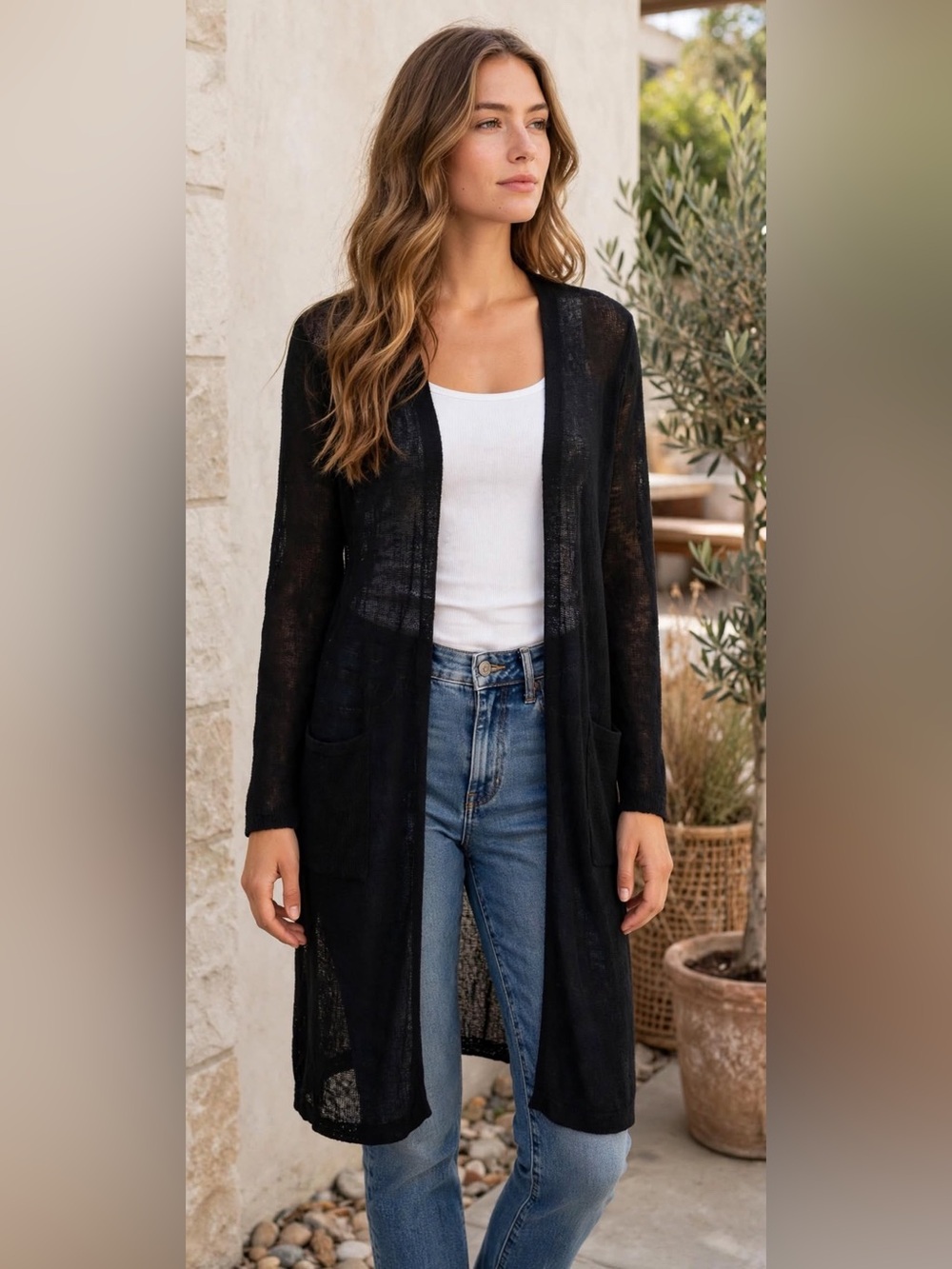 J. Jill Black Linen Long Cardigan Duster Lagenlook Open Front Medium